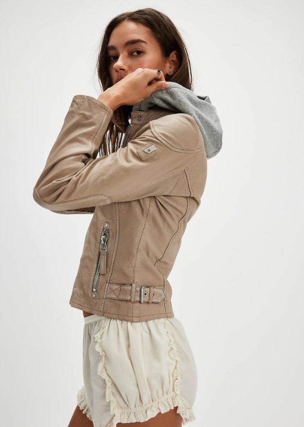Ladies stylish leather jacket with removable hood Lune London