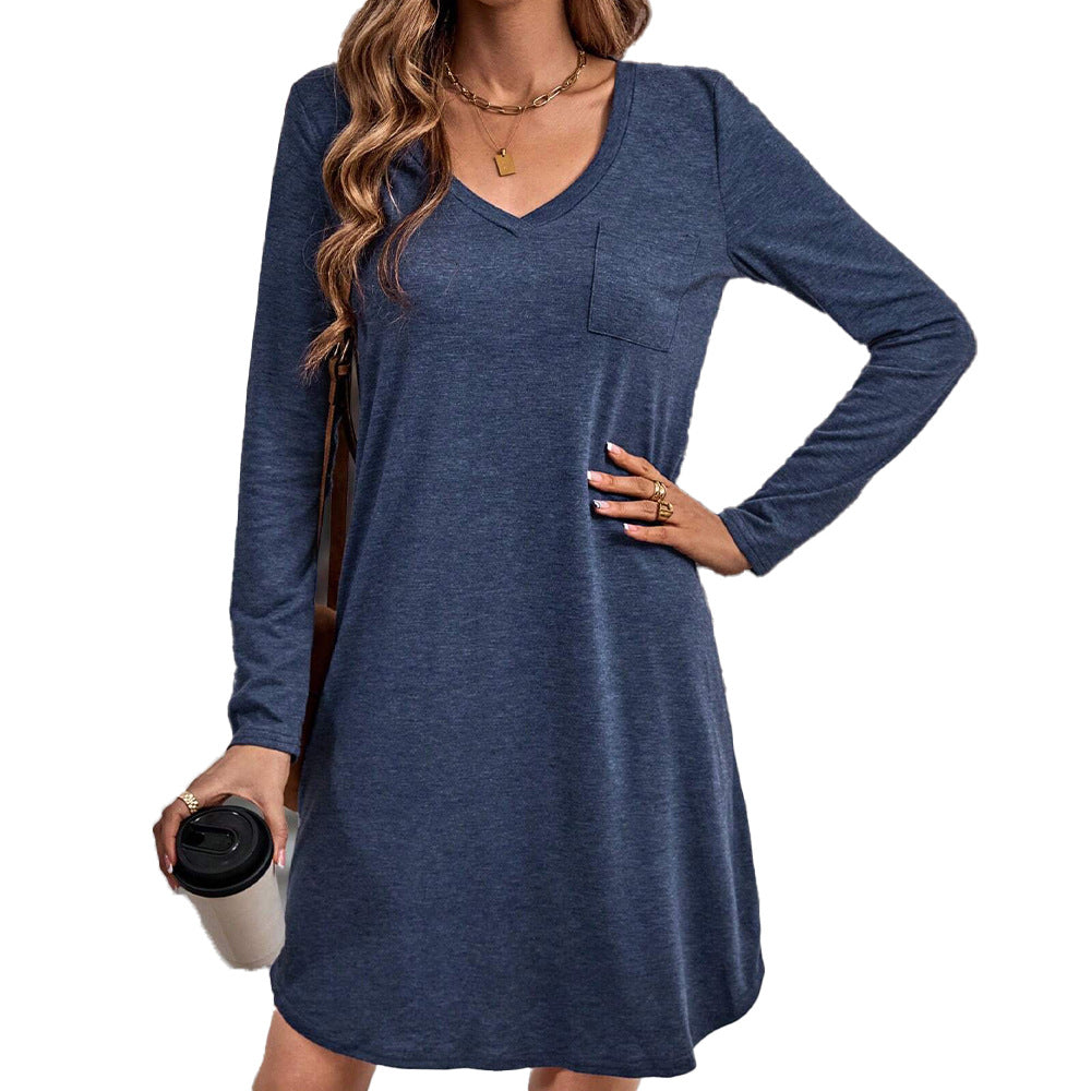 Robe décontractée pour femmes à col en V avec manches longues et poches Chic & Stil