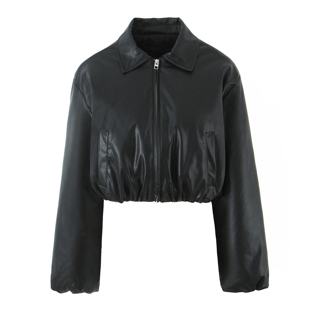 Cropped faux leather jacket for women with elastic waist and classic high collar Lune London