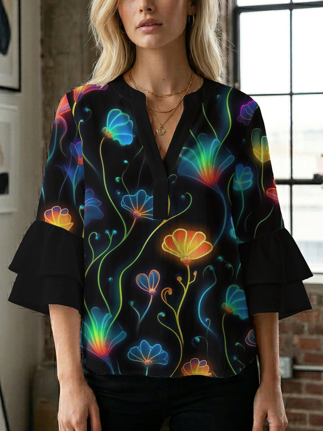 Women’s blouse with voluminous ruffled sleeves and floral pattern Lune London