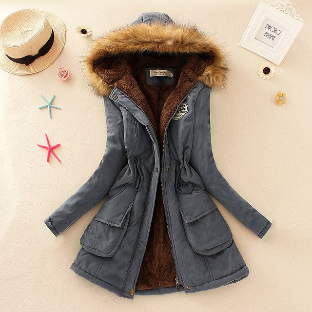 Ladies quilted parka jacket with hood and faux fur lining Lune London