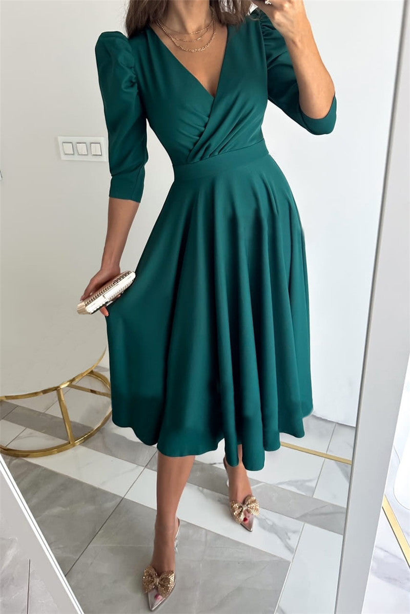 Lune London A-line festive dress for women with puff sleeves and V-neck