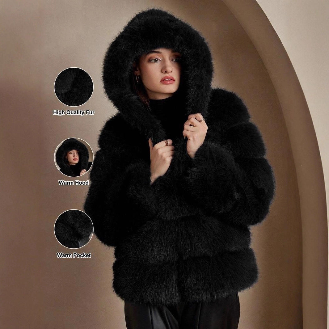 Ladies Trendy Faux Fur Jacket with Hood Lune London