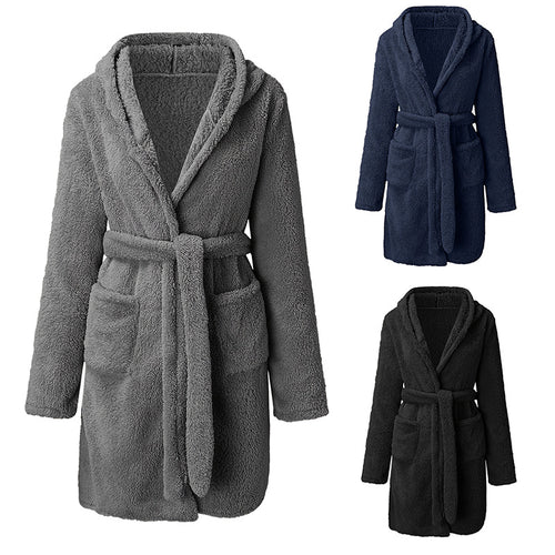 Fleece bathrobe for women with hood and practical pockets Lune London