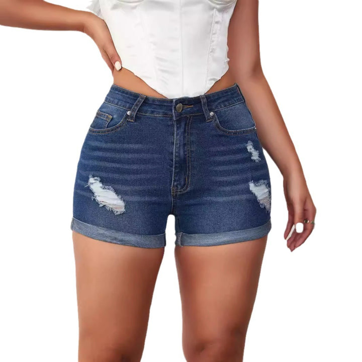 Shorts en denim taille haute tendance pour femmes avec détails effilochés Chic & Stil
