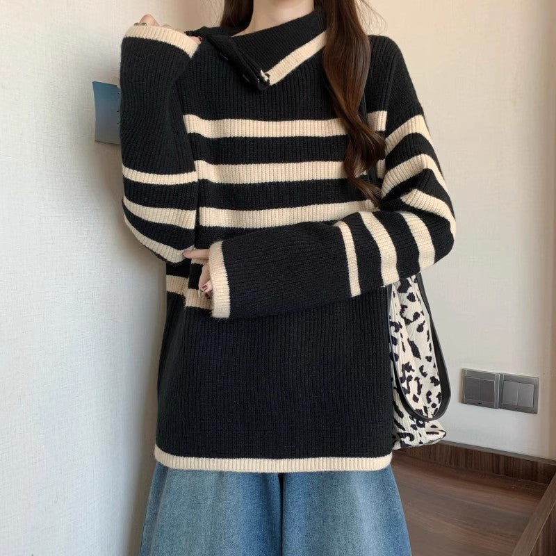 Pull en tricot élégant pour femme avec col asymétrique et motif rayé Chic & Stil