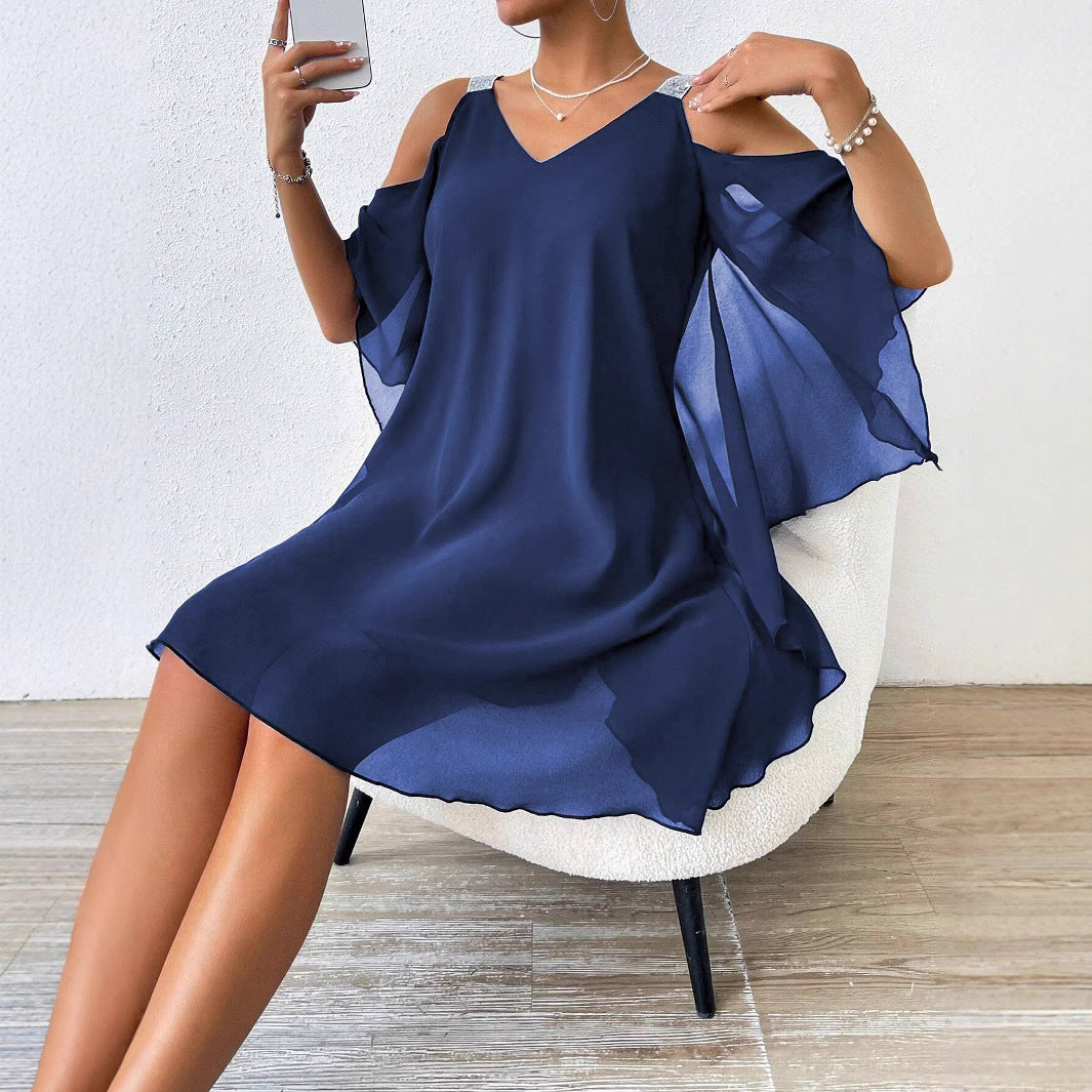 Asymmetrical V-neck dress with off-the-shoulder Lune London