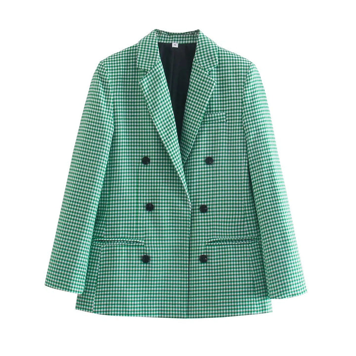 Lune London double-breasted blazer for women with plaid pattern