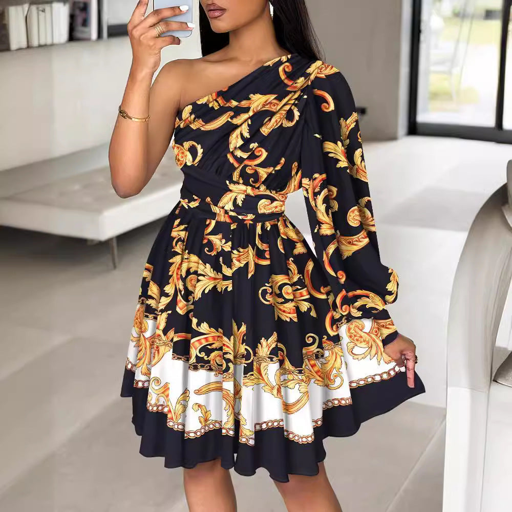 Asymmetrical A-line dress for women with decorative print Lune London