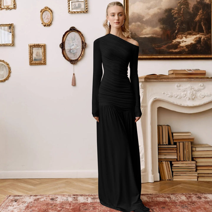 Elegant maxi dresses for women with asymmetric cut and ruching Lune London