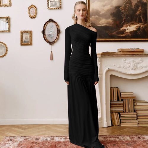 Elegant maxi dresses for women with asymmetric cut and ruching Lune London