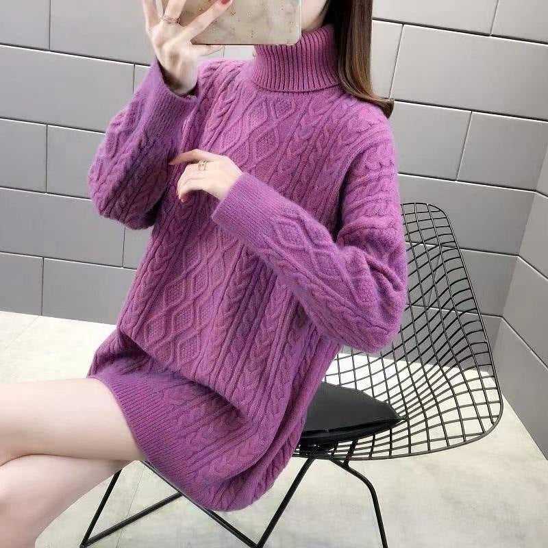 Chunky knit sweater for women with high collar and cable pattern Lune London