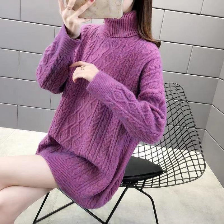 Chunky knit sweater for women with high collar and cable pattern Lune London