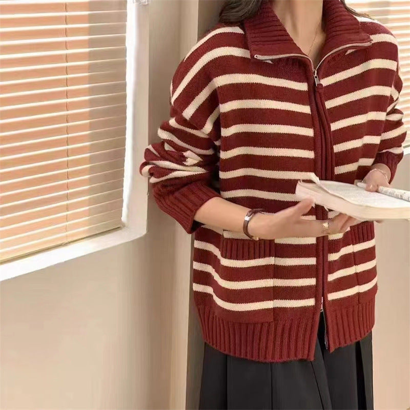 Women's knitted jacket with a modern striped pattern and practical pockets Lune London