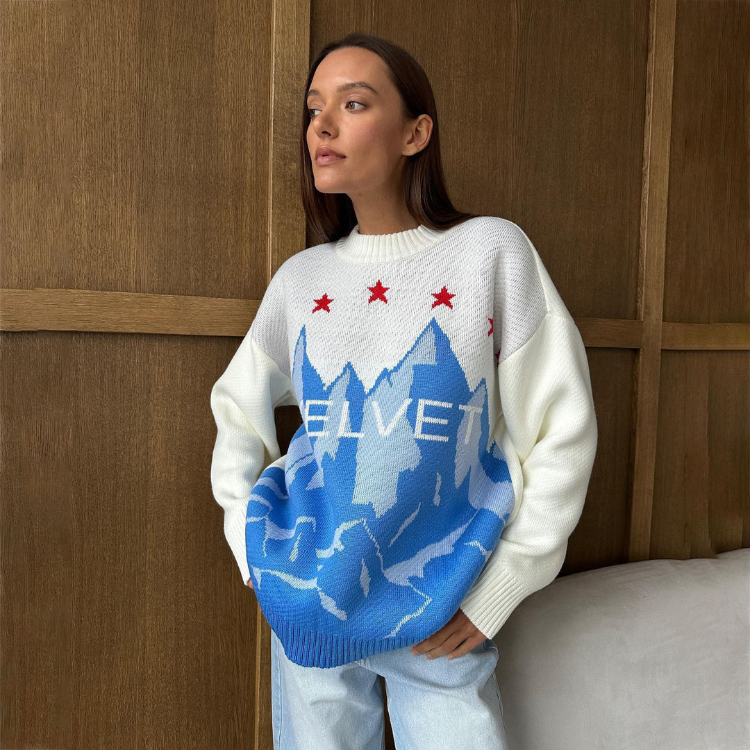 Knitted sweater for women with graphic design of mountains and stylish stars Lune London