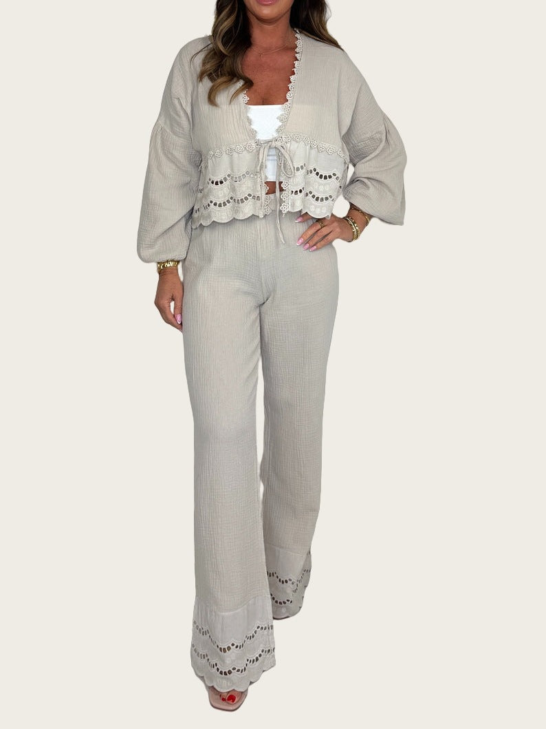 Women Two-Piece Set with Crochet Accents and Chic Loose Fit