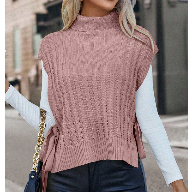 T-shirt en maille à manches courtes pour femmes avec col roulé et détails en nœud Chic & Stil
