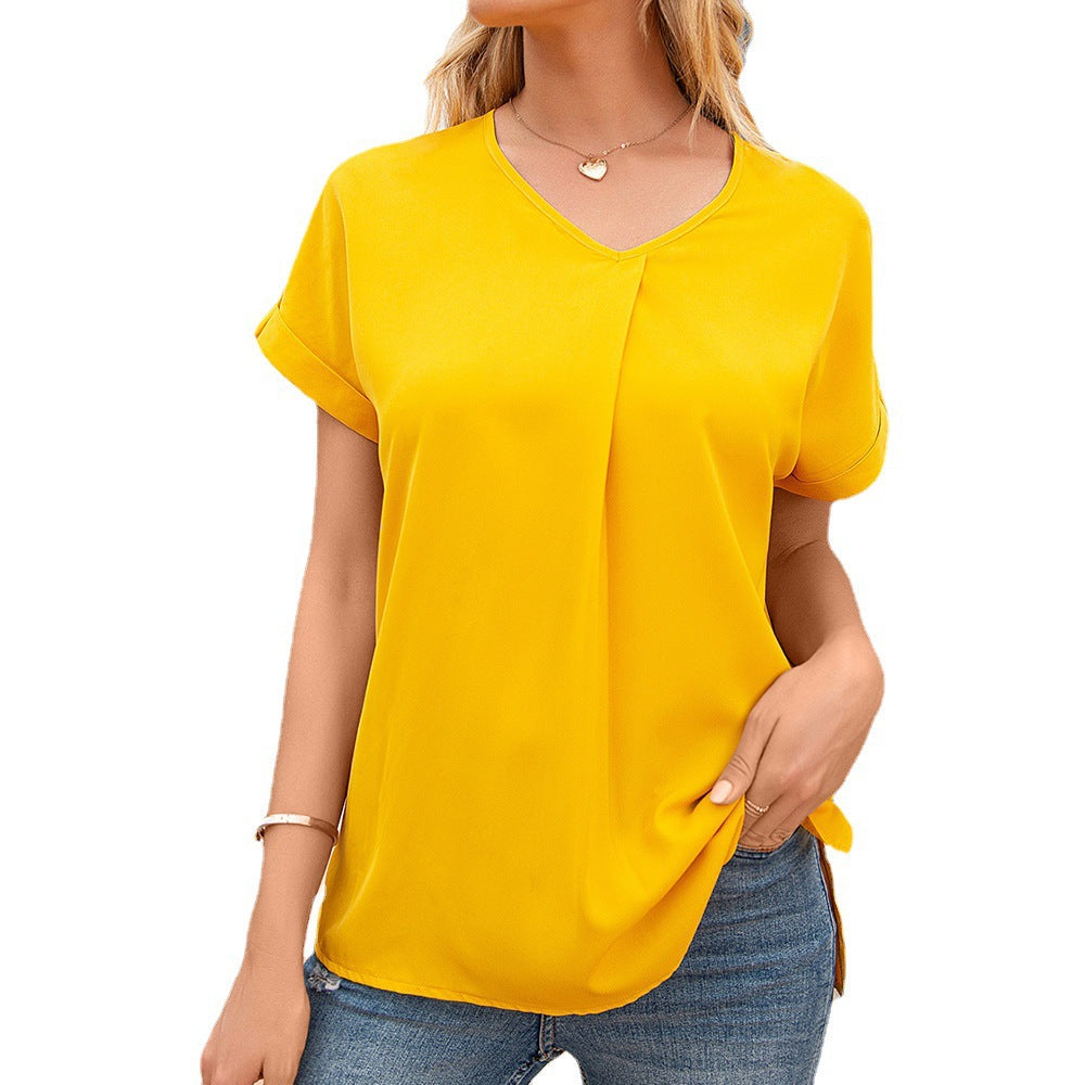 Elegant V-neck blouse for women with pleats and side slits Lune London