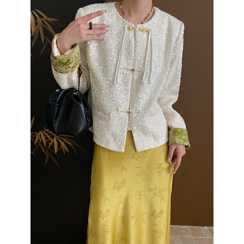 Women's Elegant Boucle Jacket with Sequins and Contrasting Sleeves Chic & Stil