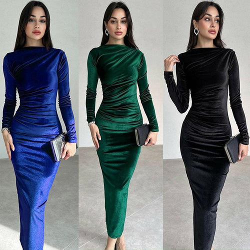 Women Elegant Long Dress with Long Sleeves and Ruched Design Lune London