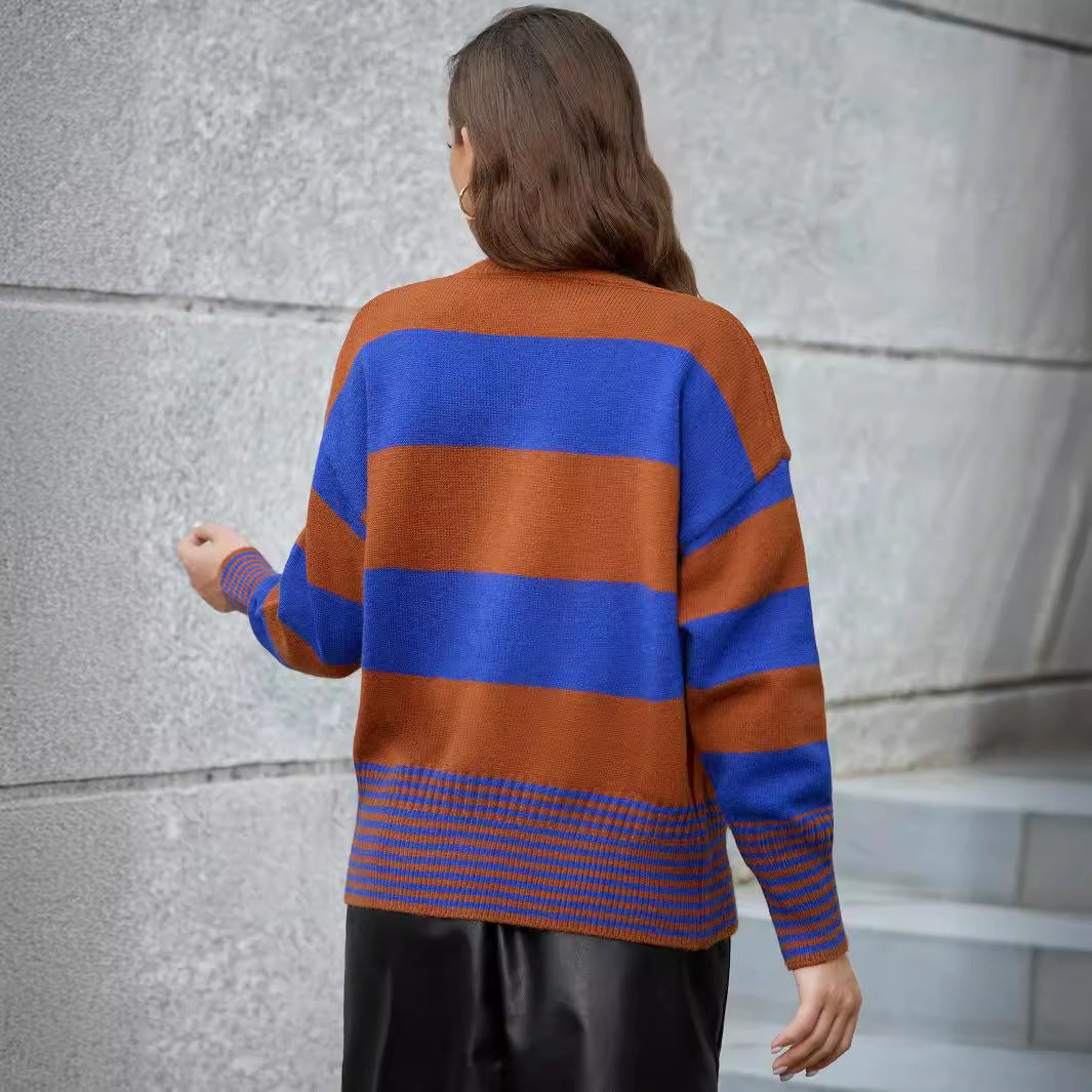 Knitted jacket for women with a striking striped pattern and large buttons Lune London