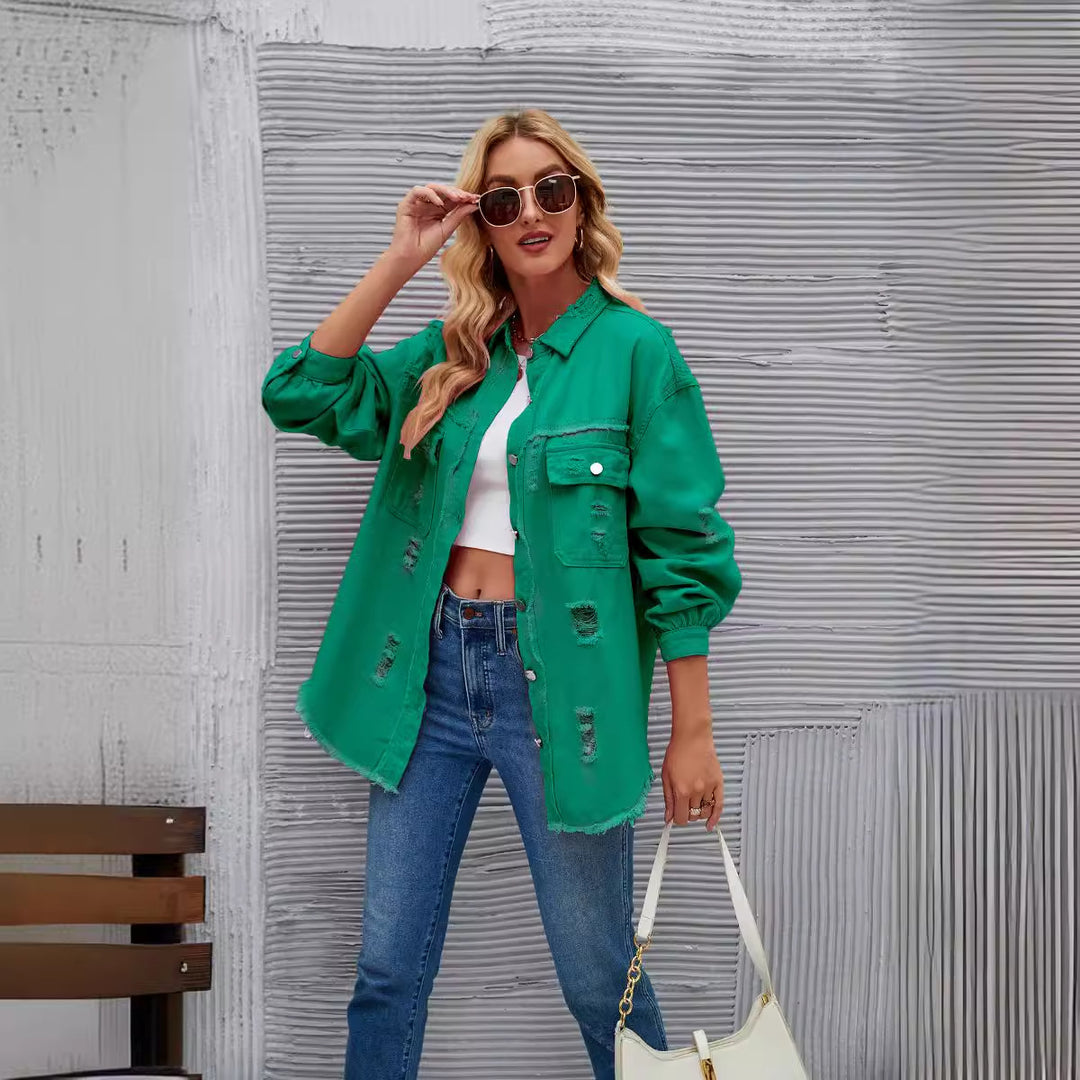 Oversized denim jacket for women with modern distressed details Lune London