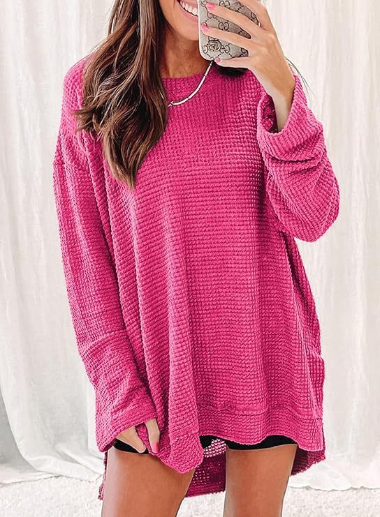 Waffle knit long sleeve sweater for women with open cut and side slits Lune London