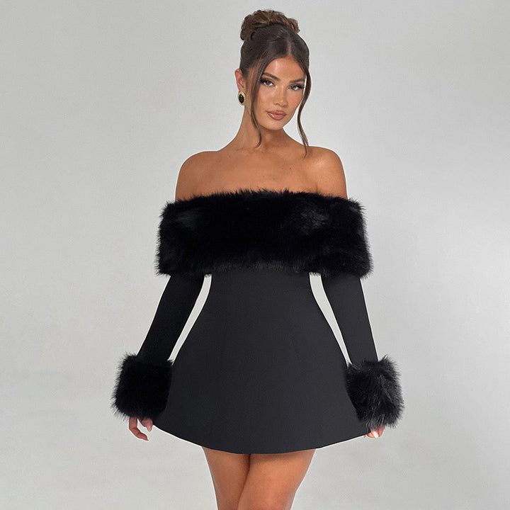 Off-the-shoulder cocktail dress for women with elegant felt borders Lune London