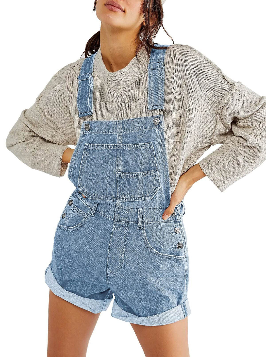 Women's Casual Denim Overalls Shorts with Functional Pockets and Adjustable Straps Lune London
