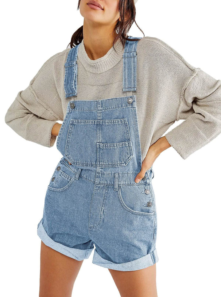 Women's Casual Denim Overalls Shorts with Functional Pockets and Adjustable Straps Lune London