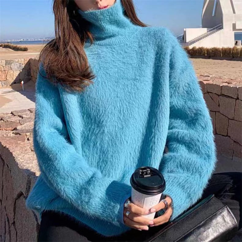 Ladies Soft Sweater with Oversized Cut and Chic High Collar