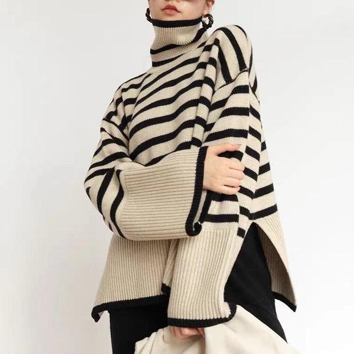Casual knit sweater for women with colorful stripes and a high collar Lune London