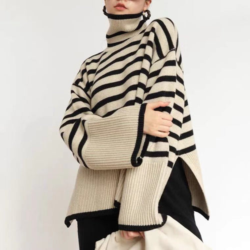 Casual knit sweater for women with colorful stripes and a high collar Lune London