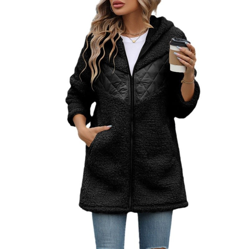 Oversized fleece jacket for women with hood and quilted details Lune London