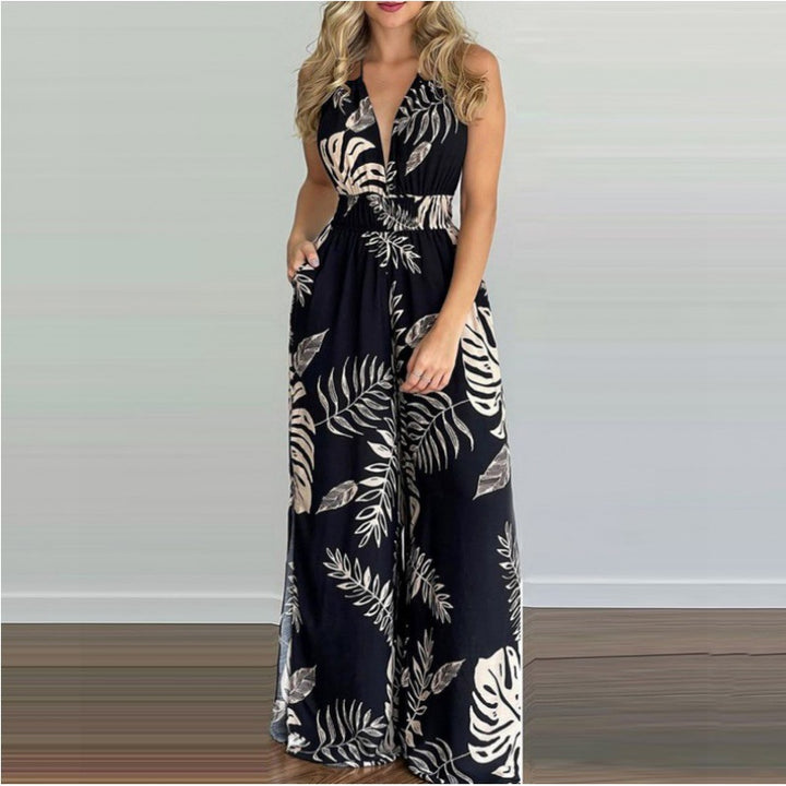 Women Bohemian Halter Neck Maxi Jumpsuit with Side Slits Lune London