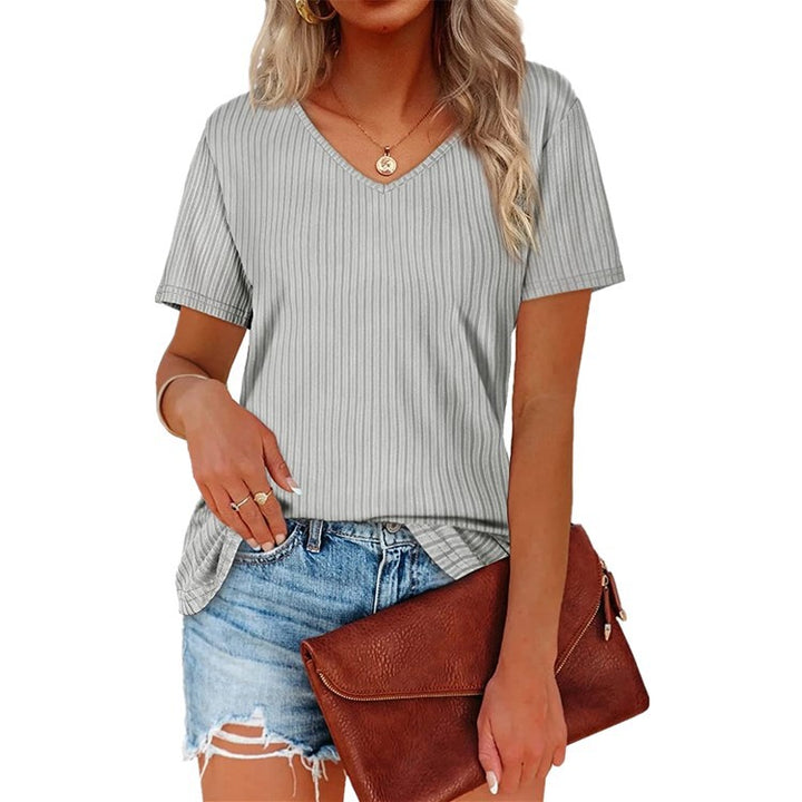 Viscose T-shirt for women with a fine ribbed knit pattern and a casual V-neck Lune London