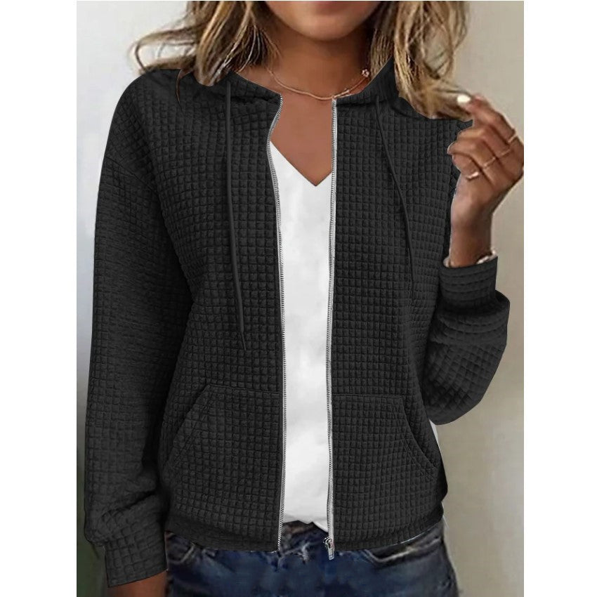 Ladies hooded jacket in textured fabric with pockets and zipper Lune London