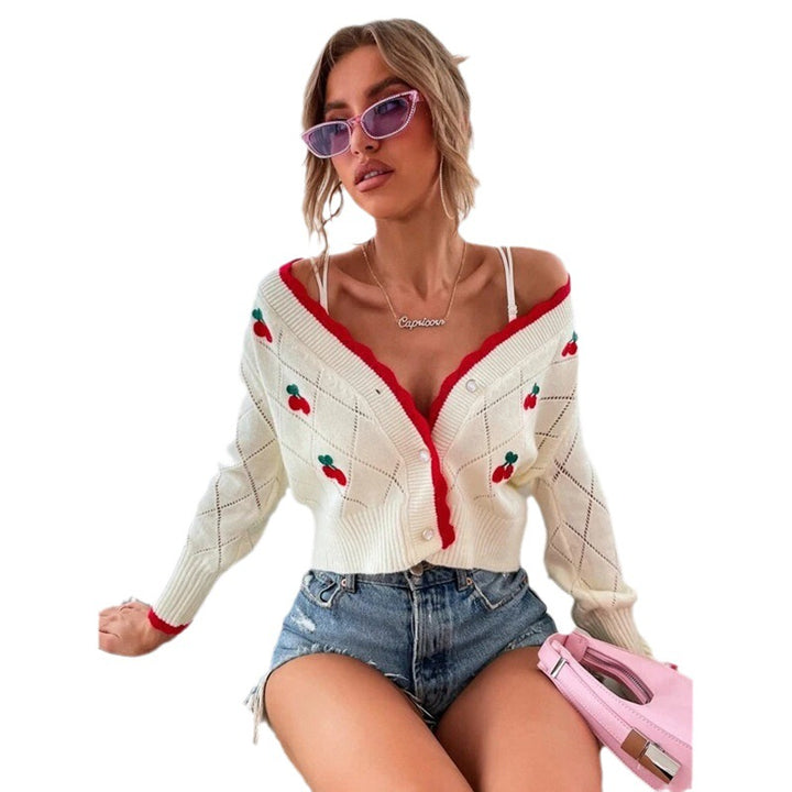 Ladies thick knitted cardigan with decorative cherry pattern Lune London