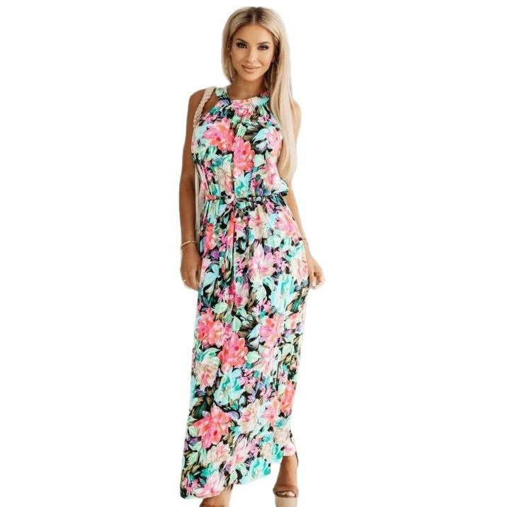 Maxi floral dress for women with adjustable tie belt Lune London