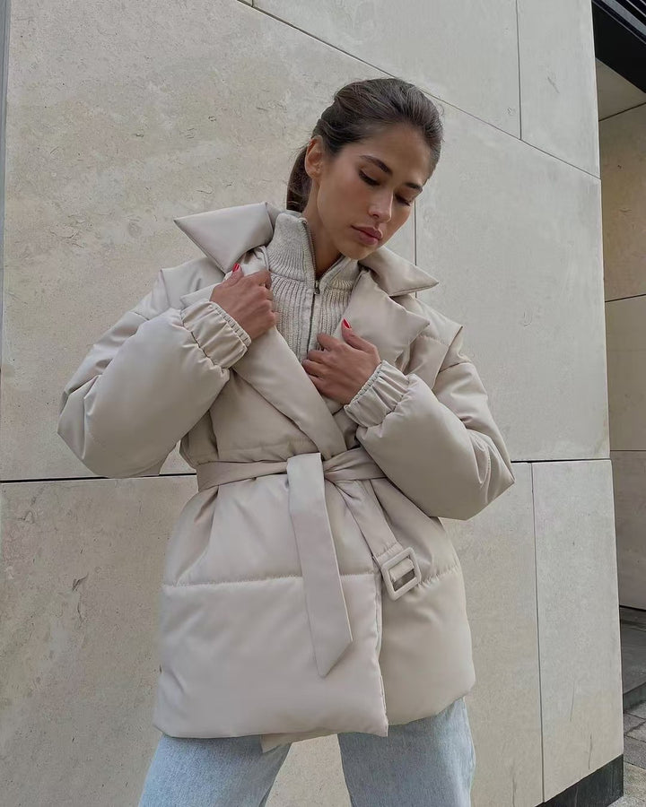 Quilted transition jacket for women with a belted waist and warm inner lining Lune London