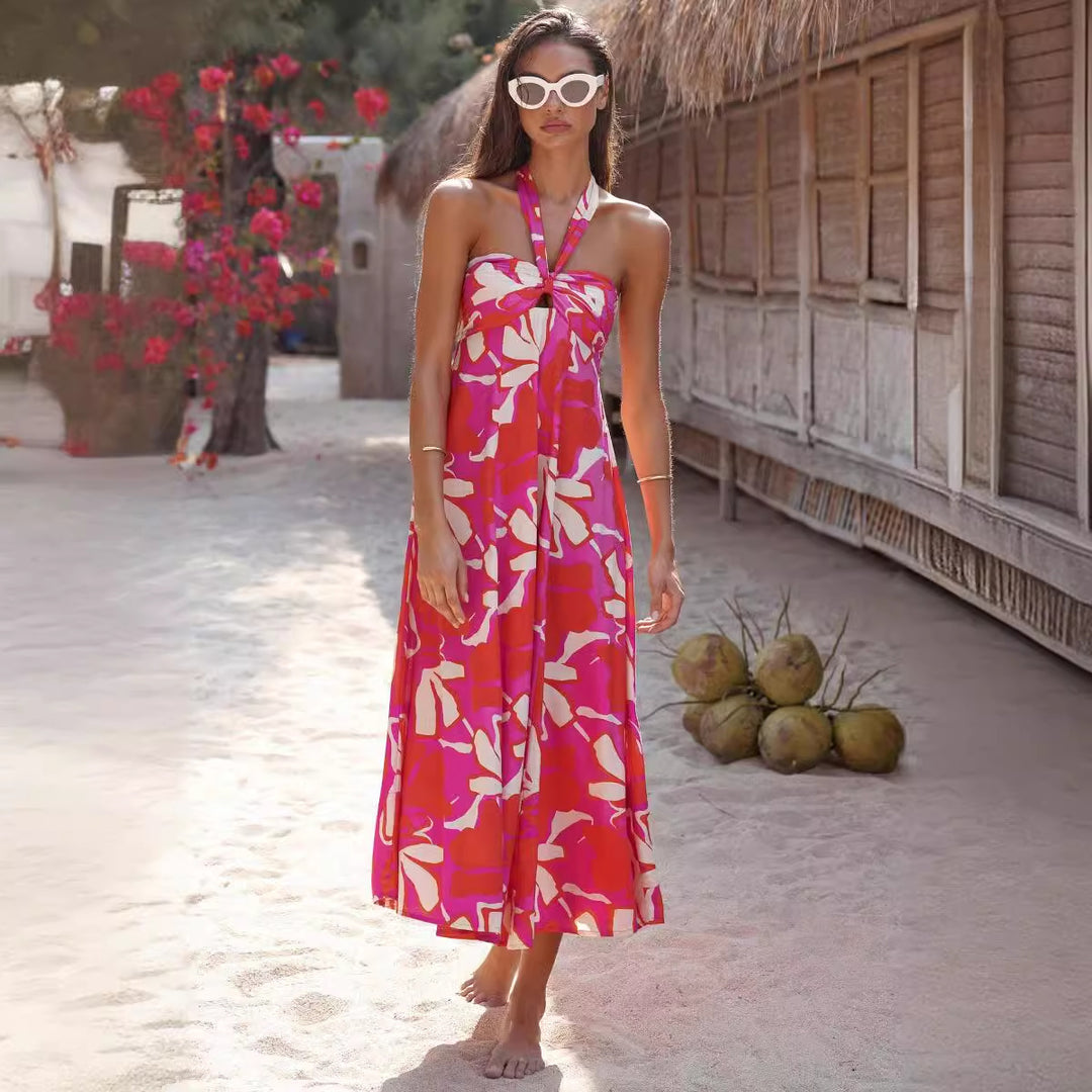 Maxi dress for women with stretch neckline, strapless, and floral print Chic & Stil