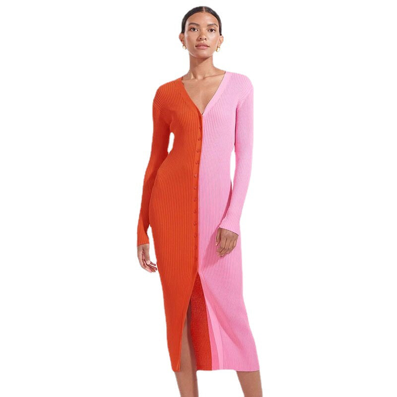 Maxi dresses with button design for women with deep V-neck and ribbed texture Lune London