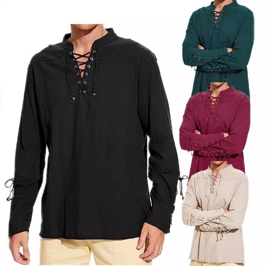 Men's long sleeve linen shirt with a modern lace-up design Lune London