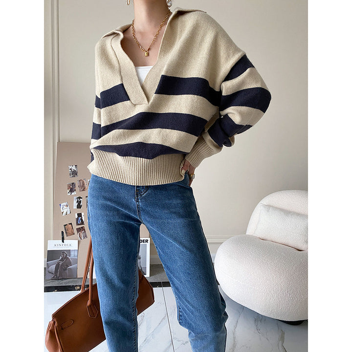 Ladies knit sweater with V-neck and stripes