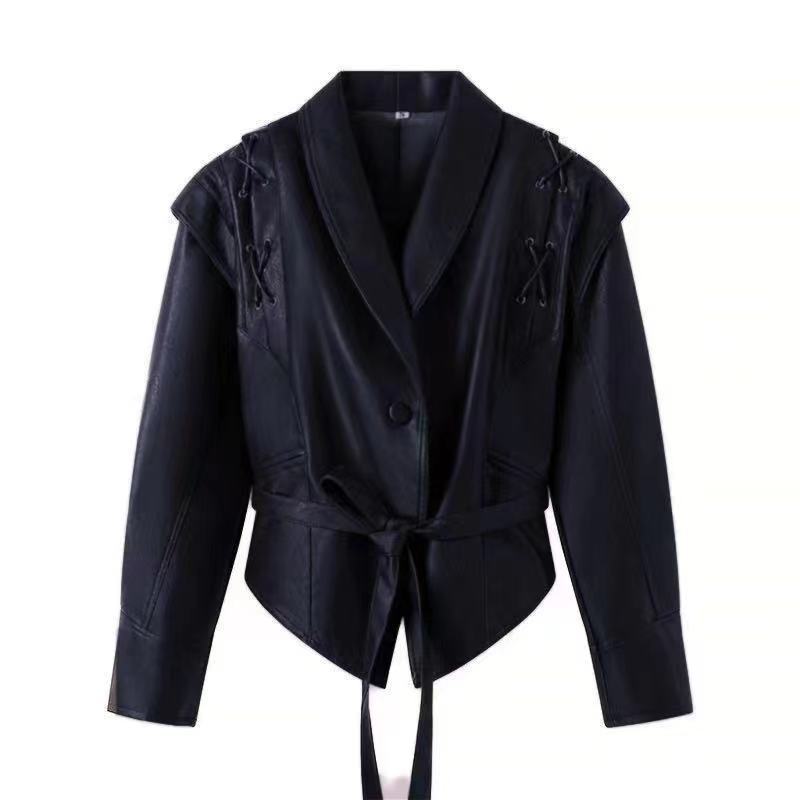 Designer leather blazer for women with belt and decorative lace details Lune London