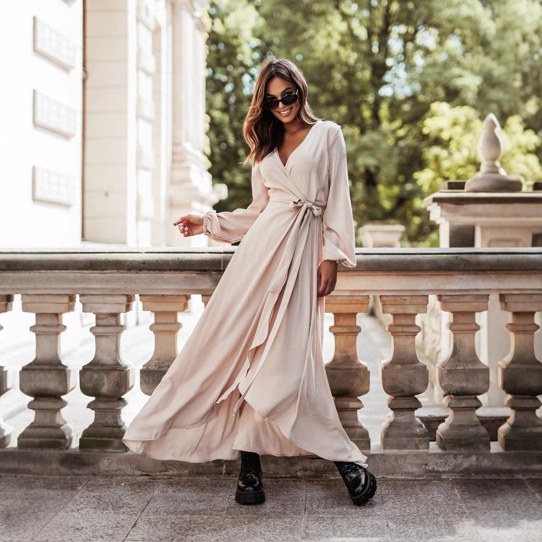 Women Long Sleeve Maxi Dress with Waist Belt and Elegant Ruffle Details Lune London