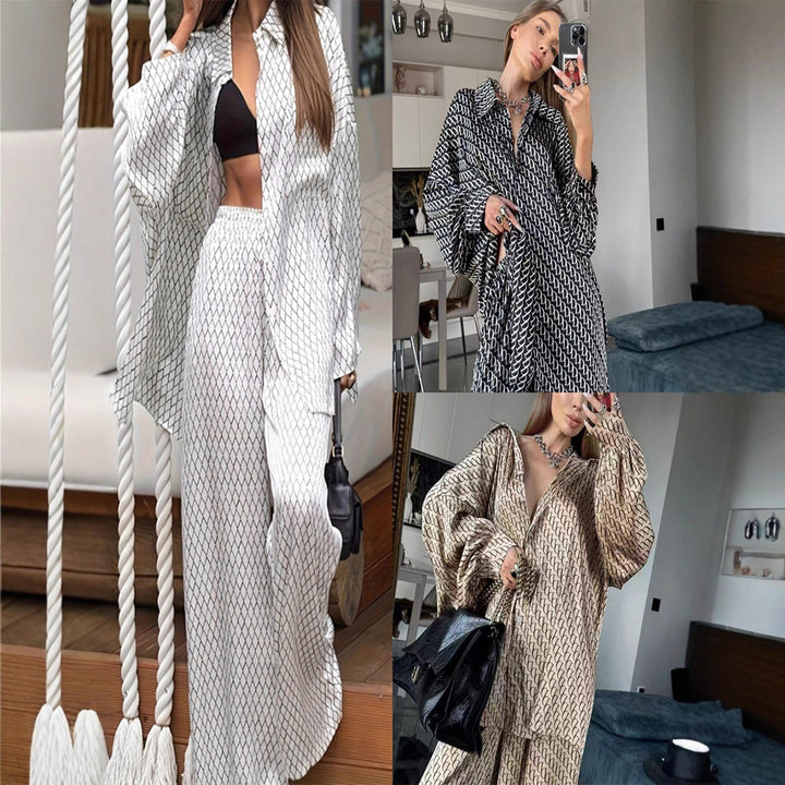 Long sleeve blouse for women with modern graphic print and elegant high collar Lune London