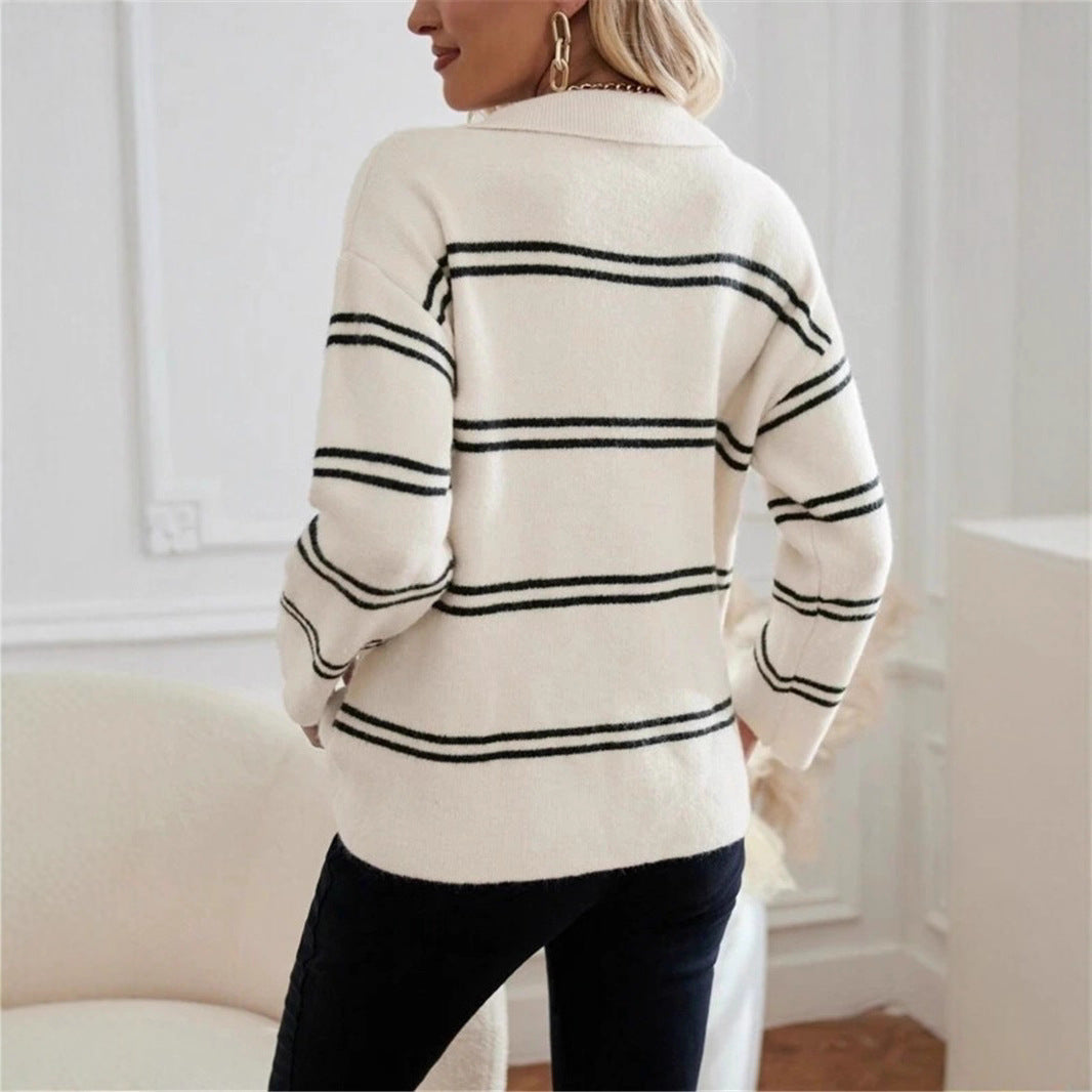 Casual women's sweater with polo collar and striped design Lune London