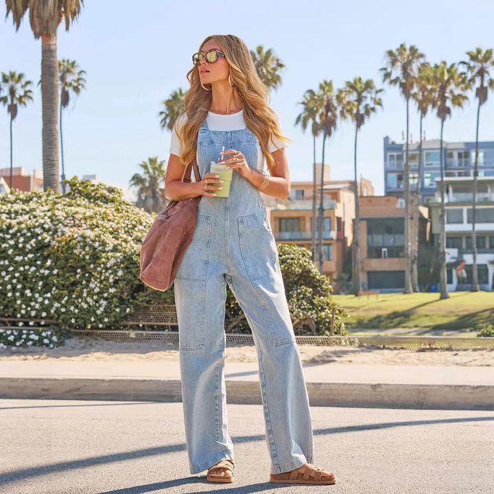 Women's Casual Denim Overalls with Wide Leg Cut and Practical Pockets Lune London