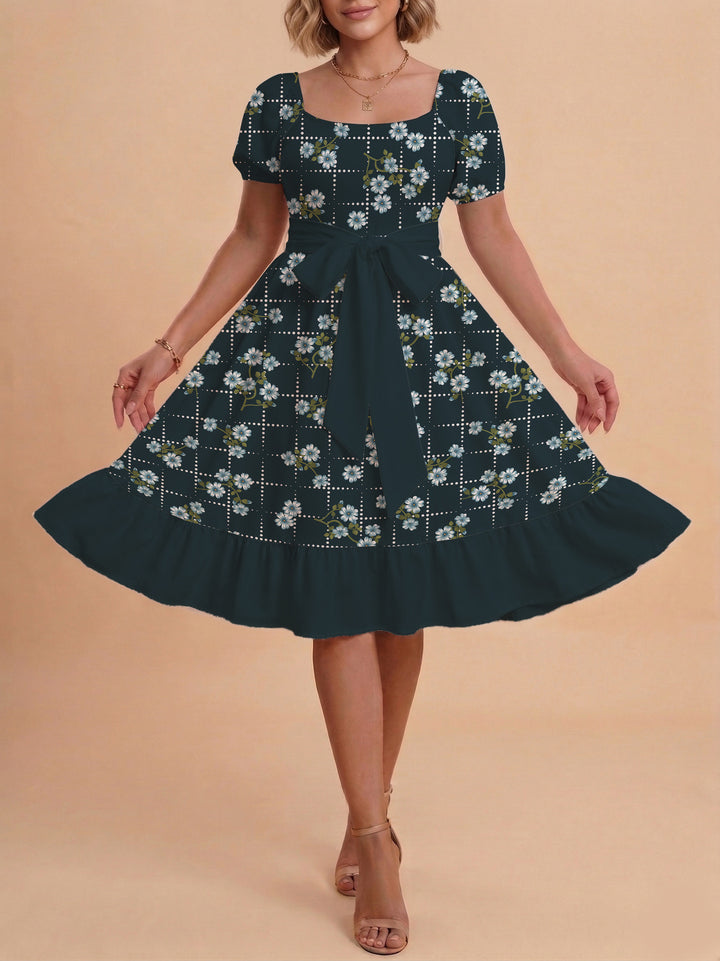Women's floral dress with adjustable belt and voluminous sleeves Lune London
